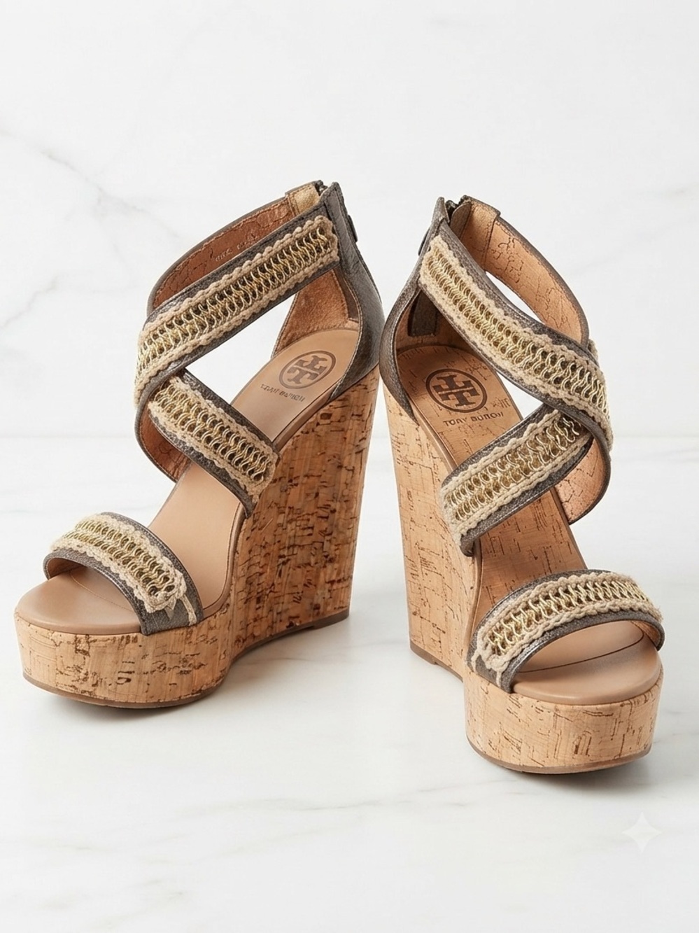 Tory Burch Cork Wedge Sandals - Tan & Gold Hardware - Size 9